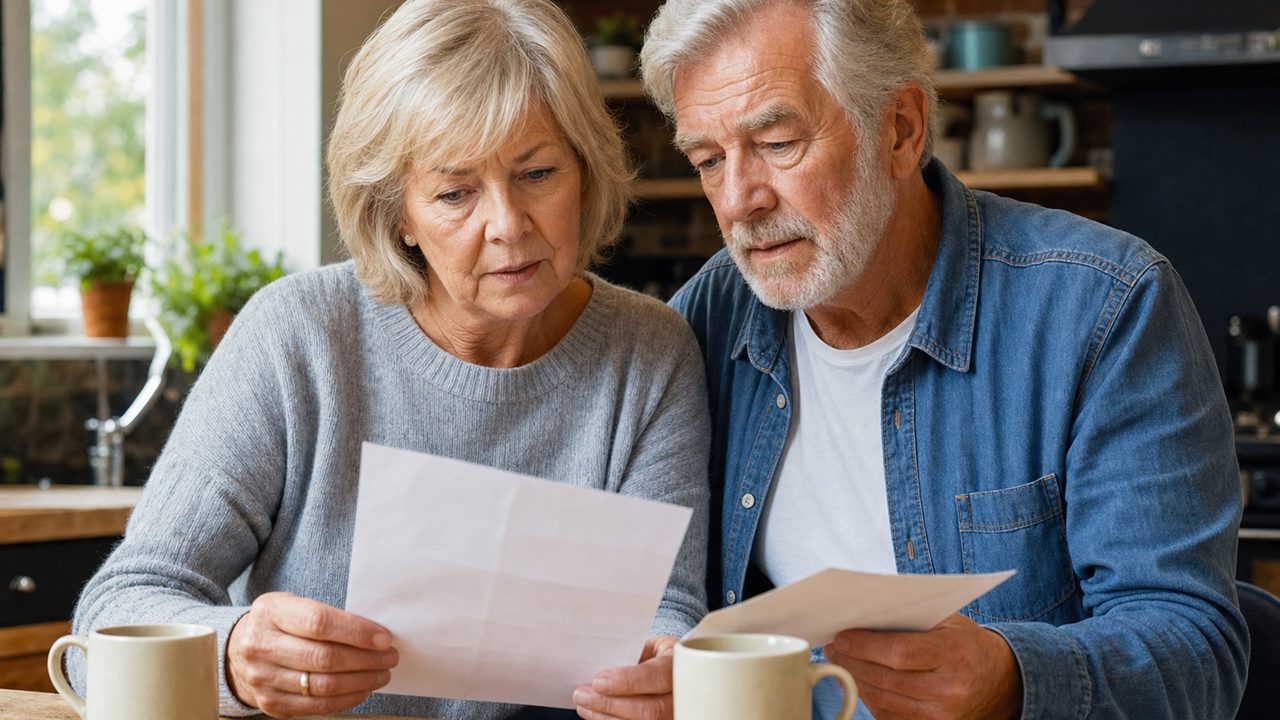 A couple reading through paperwork together at their kitchen table